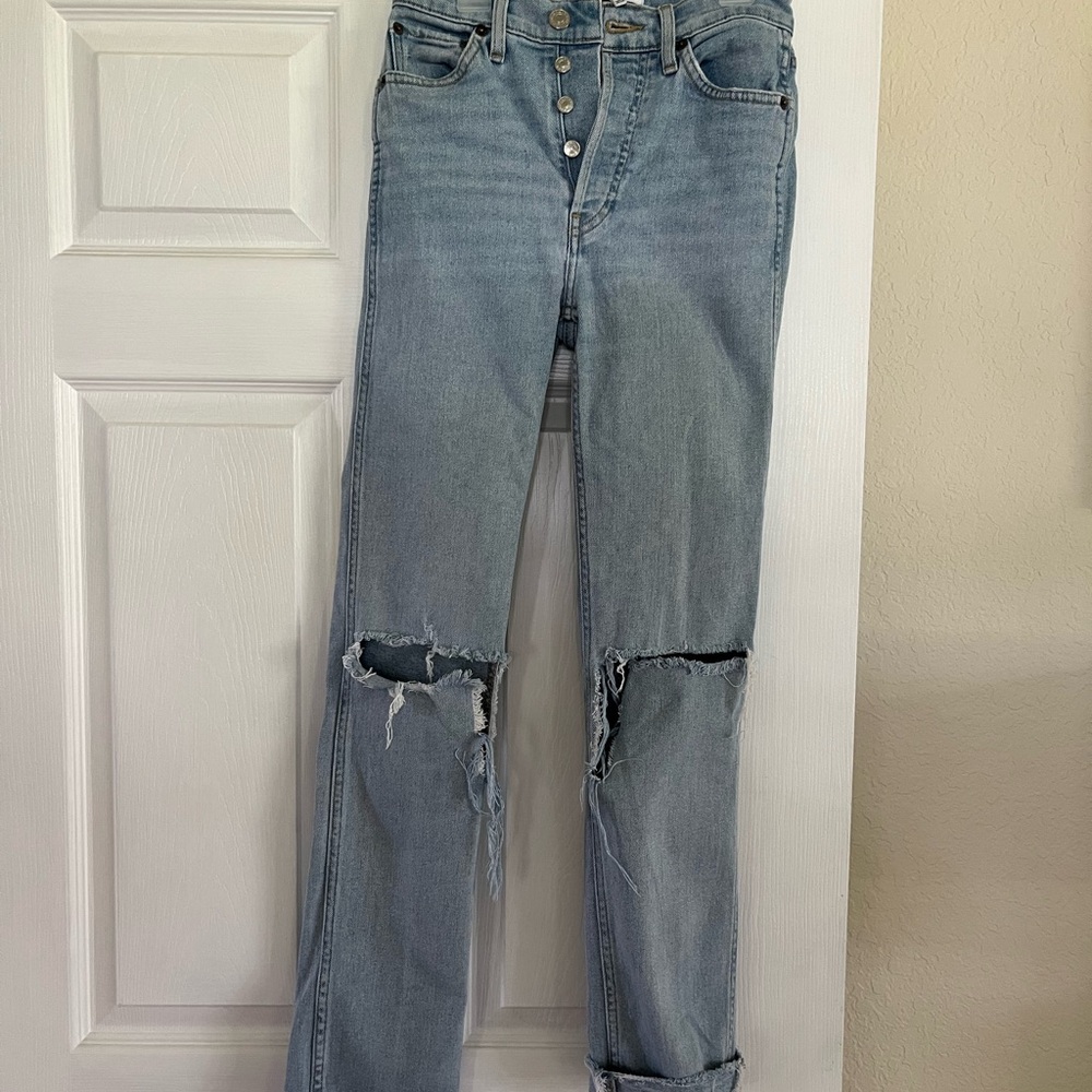 RE/DONE 80s Slim Straight Jeans in Blue and White